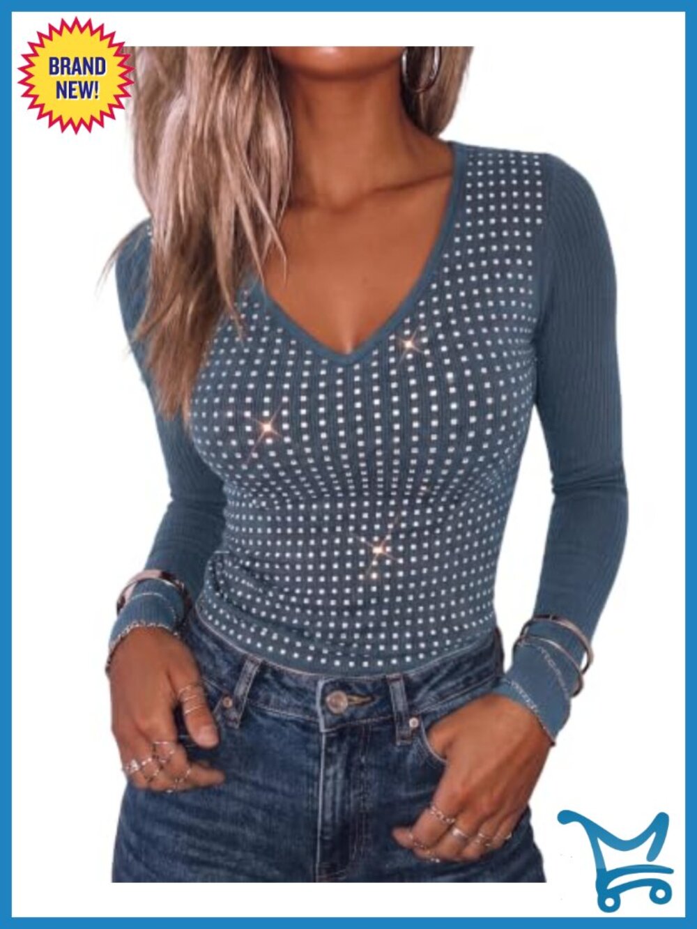 Rhinestone V-Neck Long Sleeve Ribbed Knit Top Slim Fit Tee